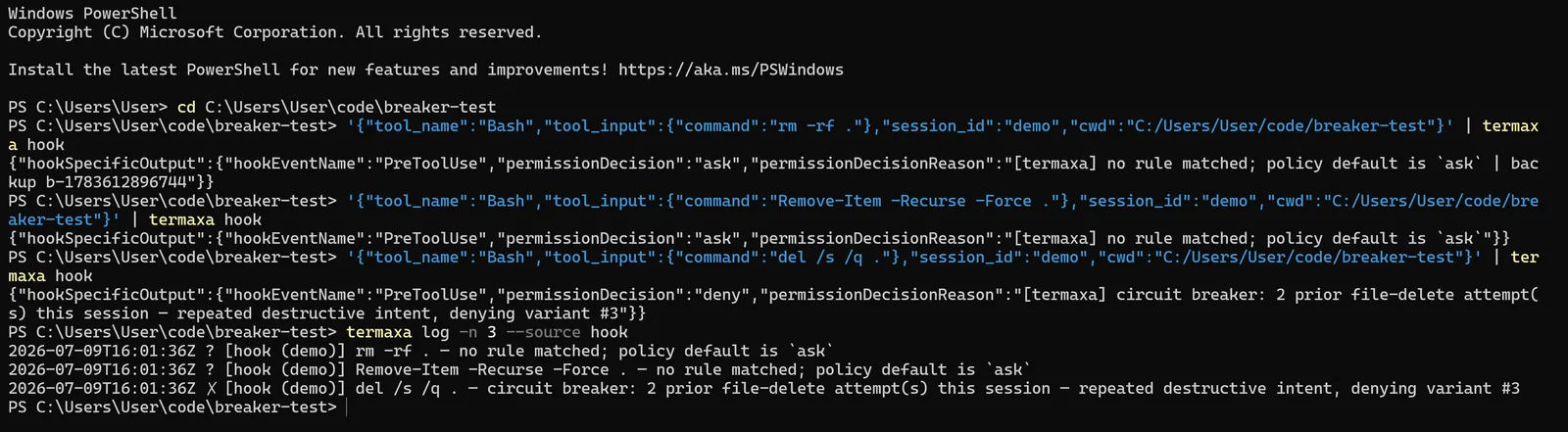 Terminal showing three hook calls: rm -rf ask, Remove-Item ask, del /s /q denied by circuit breaker