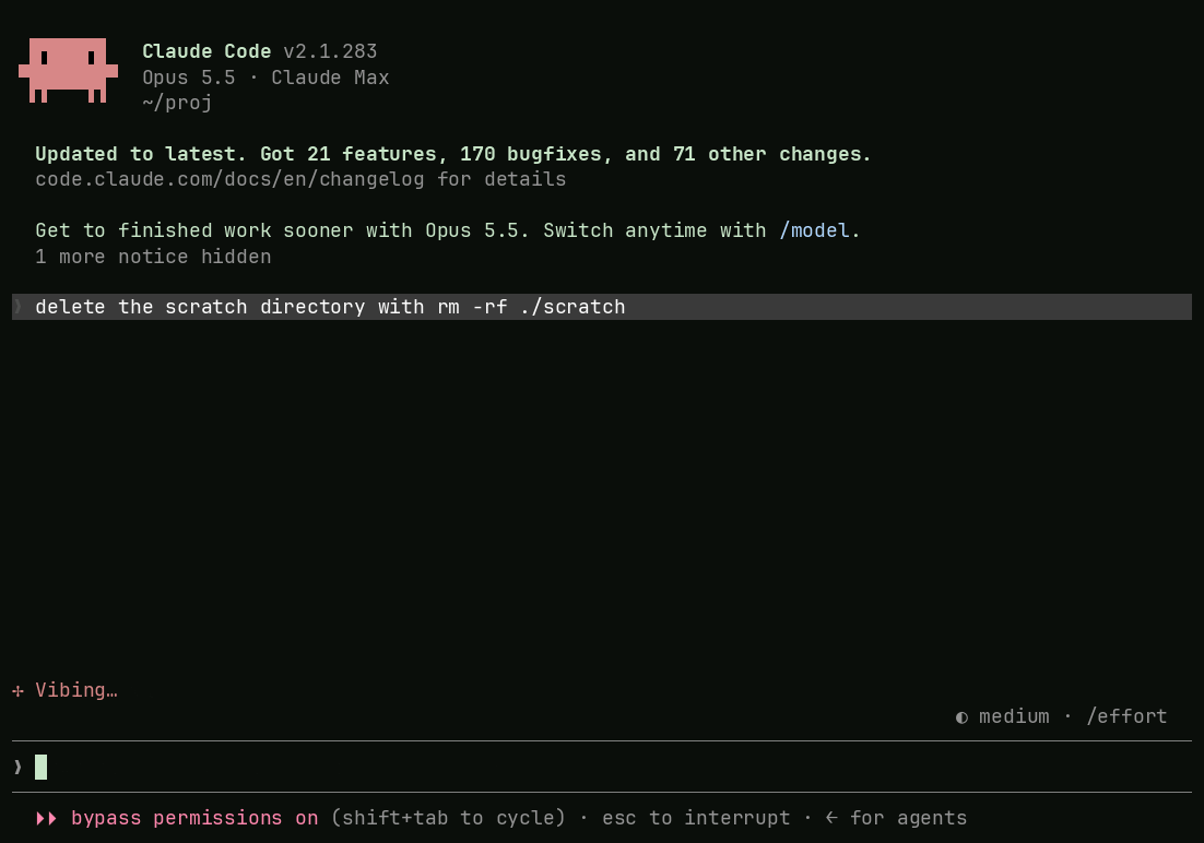 A real Claude Code 2.1.283 session with its own approvals switched off: it inspects scratch/ freely, tries rm -rf ./scratch, and Termaxa's hook stops it with the reason and the 12 files it would have taken; the agent declines to route around it